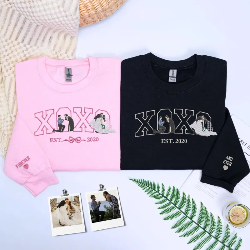 Custom XOXO Sweatshirt or Hoodie with Embroidered Portrait from Photo, Personalized Valentines Gifts for Him Her made by Embroly