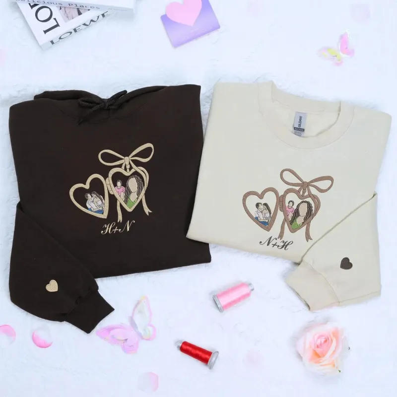 Custom Initials Sweatshirt or Hoodie with Embroidered Portrait Photo on Chest, Custom Anniversary Gift for Her made by Embroly