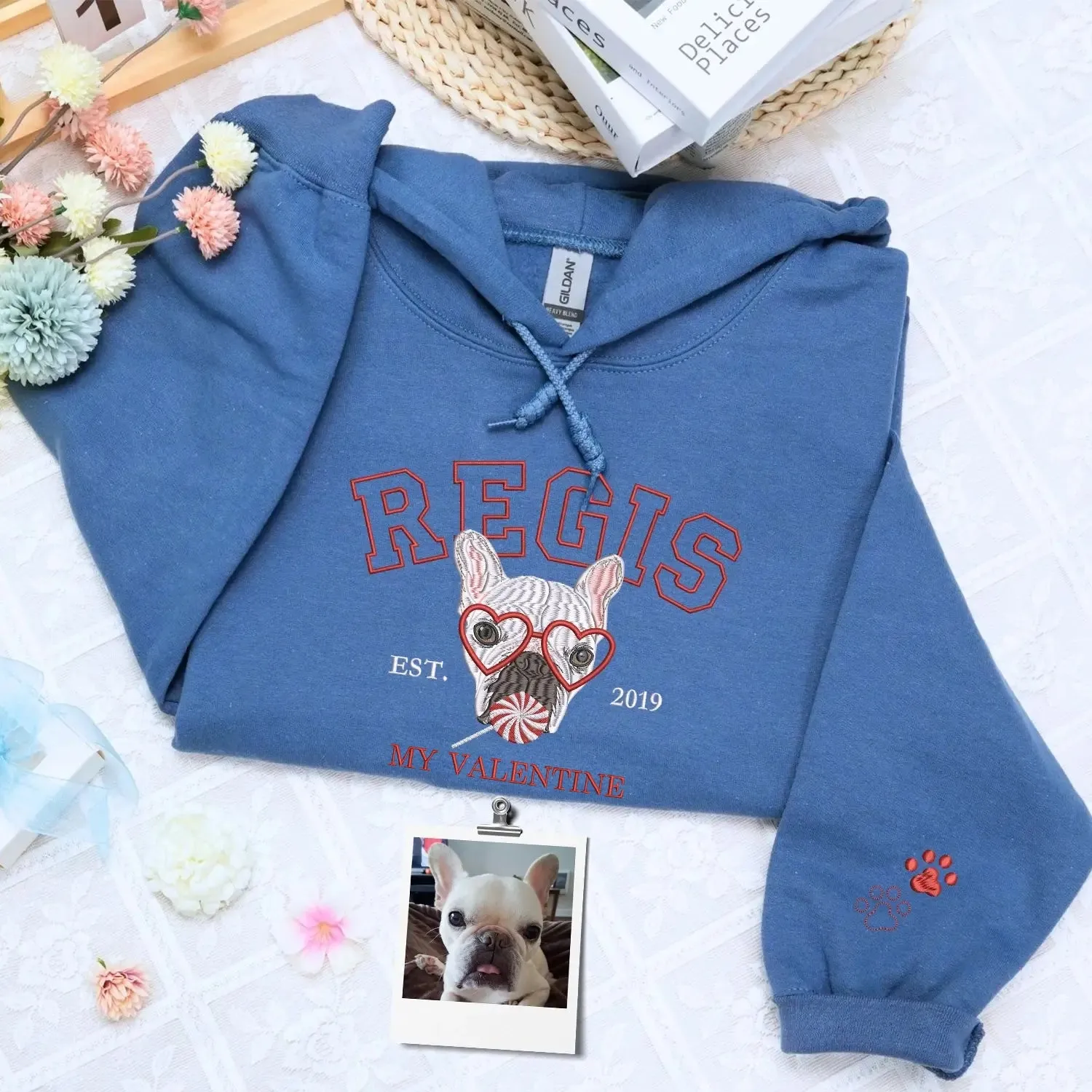 Custom Embroidered My Dog Is My Valentine Dog Portrait Sweatshirt or Hoodie, Valentine's Day Gifts for Dog Lovers sold by Embroly product image thumbnail 4