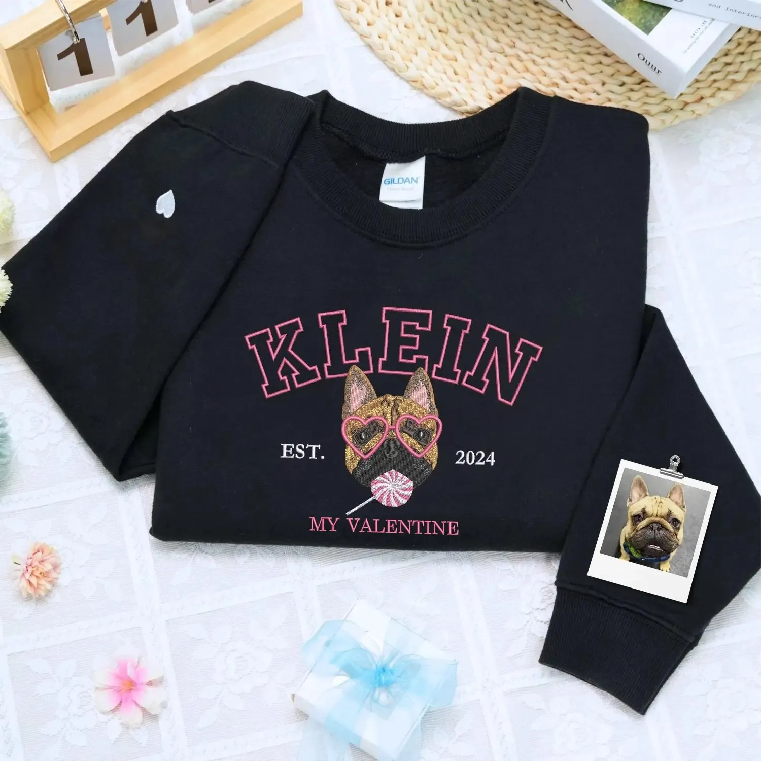 Custom Embroidered My Dog Is My Valentine Dog Portrait Sweatshirt or Hoodie, Valentine's Day Gifts for Dog Lovers sold by Embroly