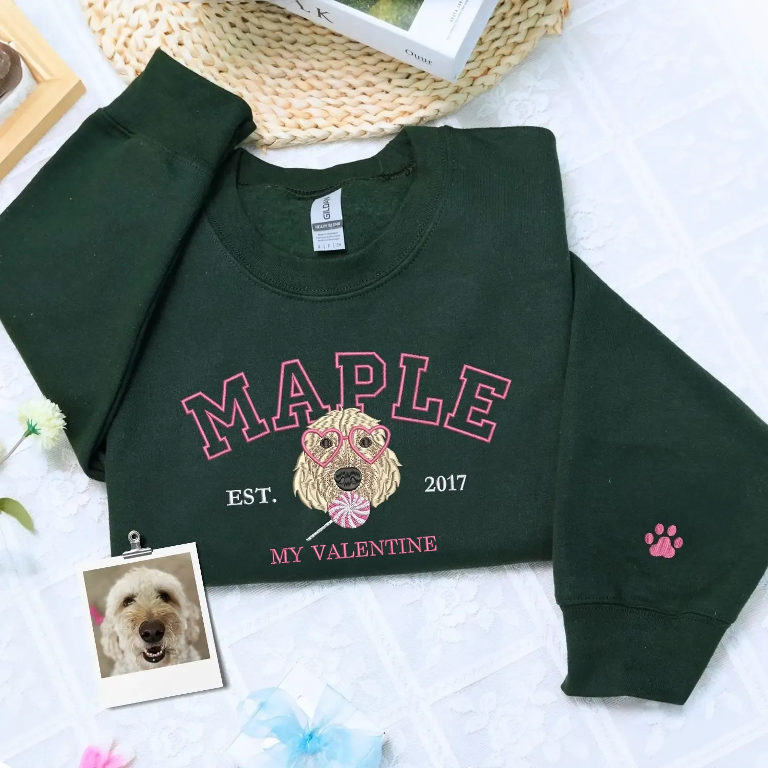 Custom Embroidered My Dog Is My Valentine Dog Portrait Sweatshirt or Hoodie, Valentine's Day Gifts for Dog Lovers sold by Embroly product image thumbnail 3
