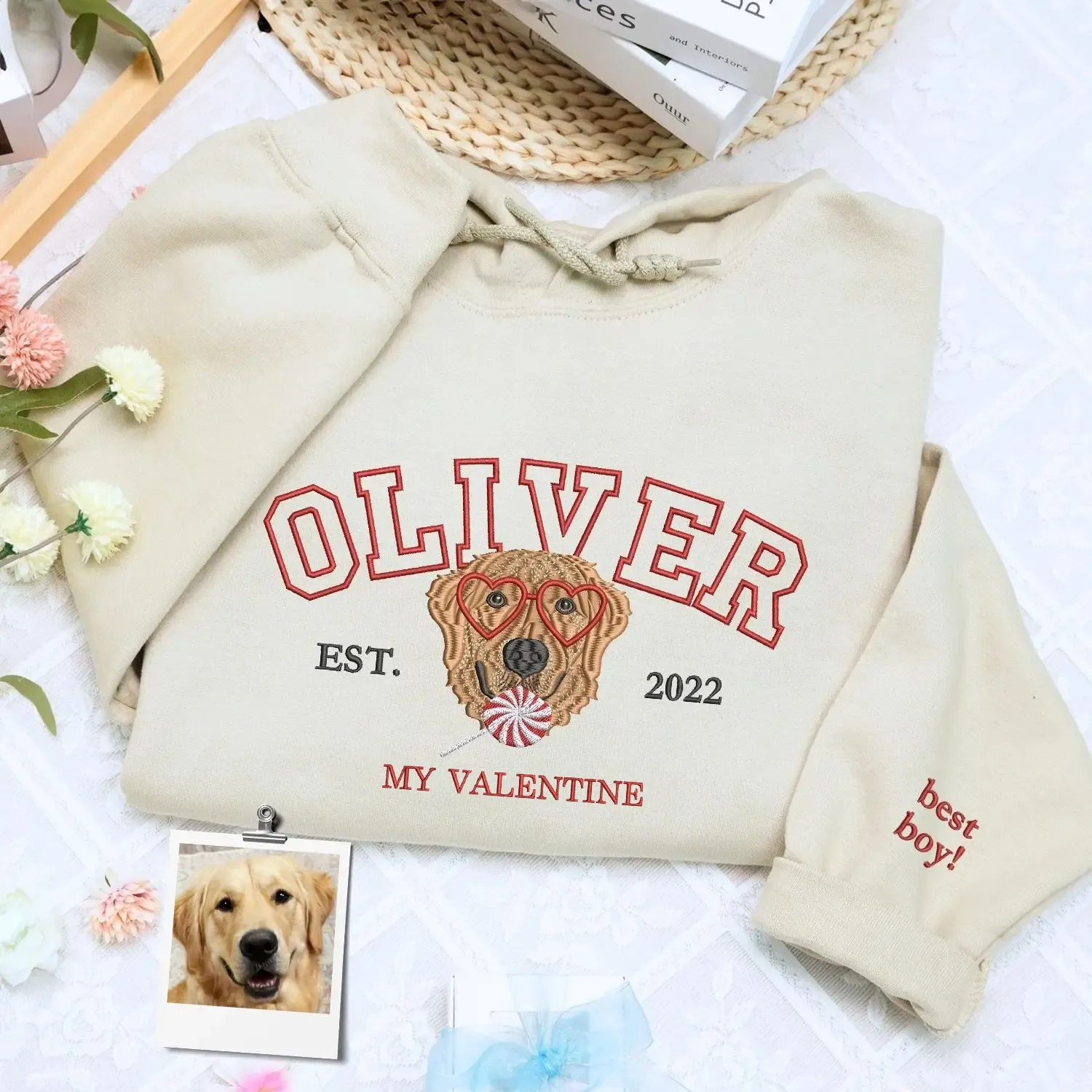 Custom Embroidered My Dog Is My Valentine Dog Portrait Sweatshirt or Hoodie, Valentine's Day Gifts for Dog Lovers sold by Embroly product image thumbnail 2