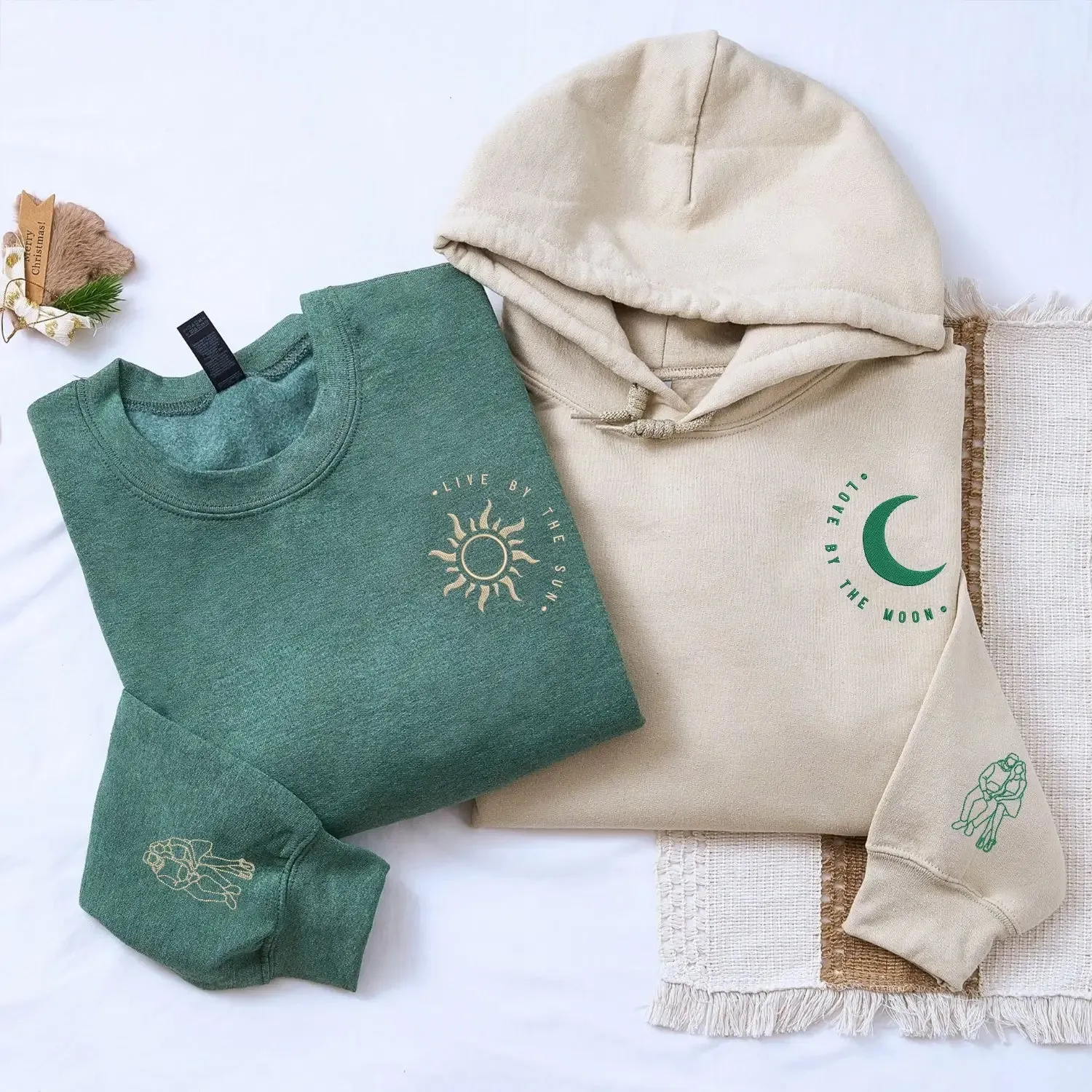 Couple Embroidered Matching Sun and Moon Sweatshirt or Hoodie with Portrait from Photo on Sleeve, His and Hers Gifts sold by Embroly product image thumbnail 2