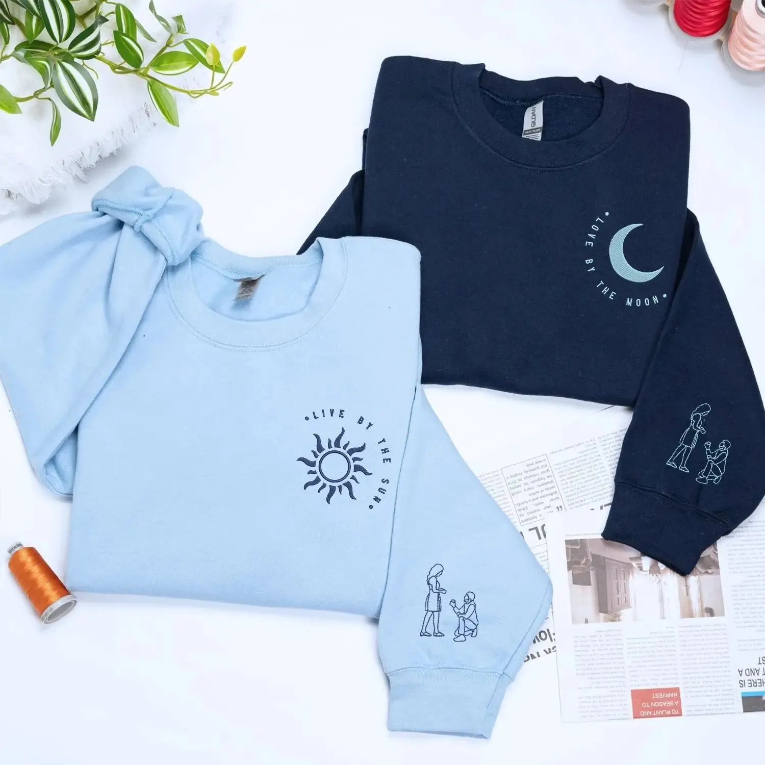 Couple Embroidered Matching Sun and Moon Sweatshirt or Hoodie with Portrait from Photo on Sleeve, His and Hers Gifts sold by Embroly product image thumbnail 3