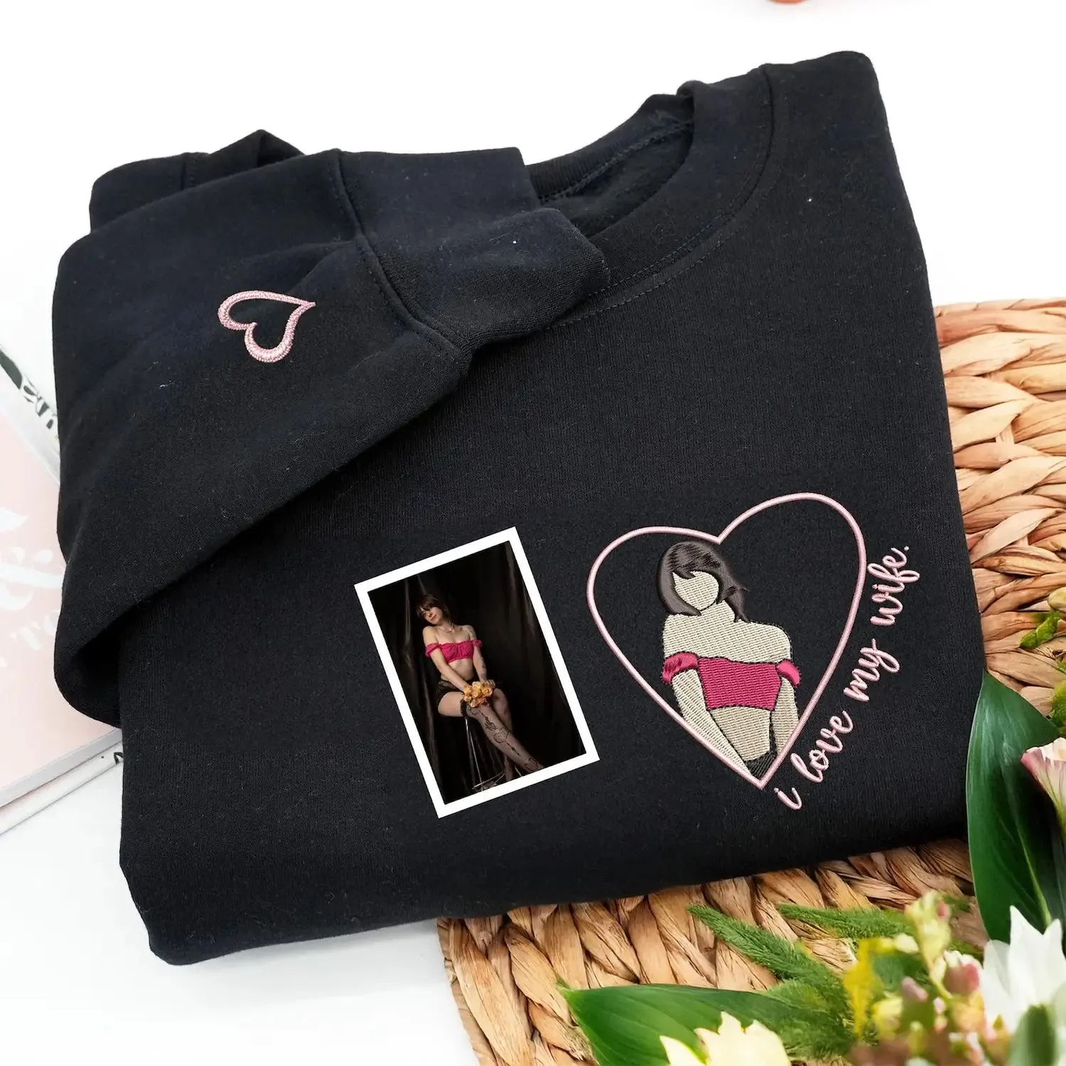 Custom Embroidered I Love My Wife Hoodie or Sweatshirt with Loved One Portrait from Photo, Best Gift for Boyfriend, Husband sold by Embroly