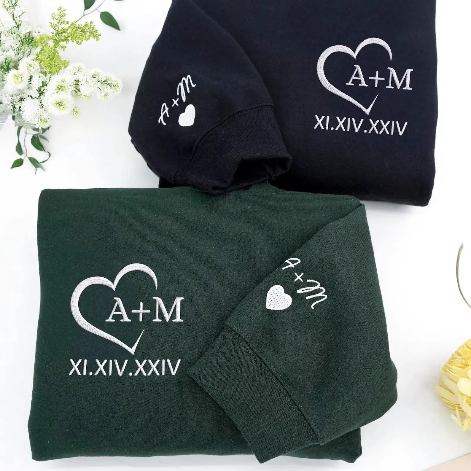 Custom Embroidered Couple Initials Monogram Heart Sweatshirt or Hoodie, 1st Anniversary Gift For Couples sold by Embroly product image thumbnail 2