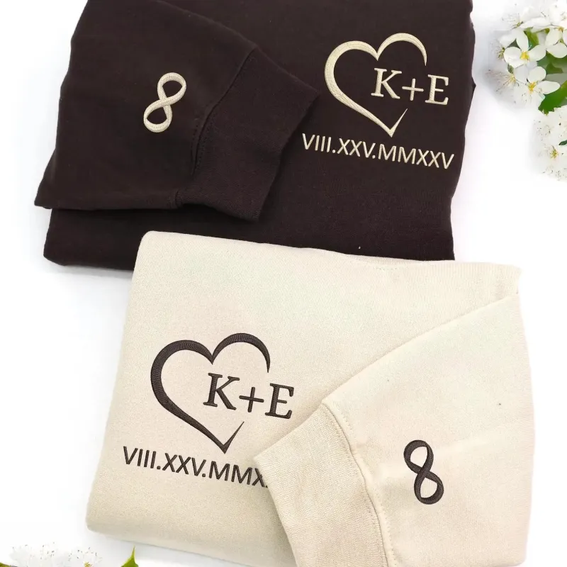 Custom Embroidered Couple Initials Monogram Heart Sweatshirt or Hoodie, 1st Anniversary Gift For Couples made by Embroly