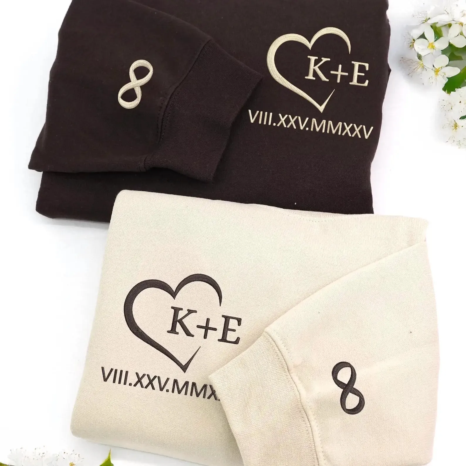 Custom Embroidered Couple Initials Monogram Heart Sweatshirt or Hoodie, 1st Anniversary Gift For Couples sold by Embroly