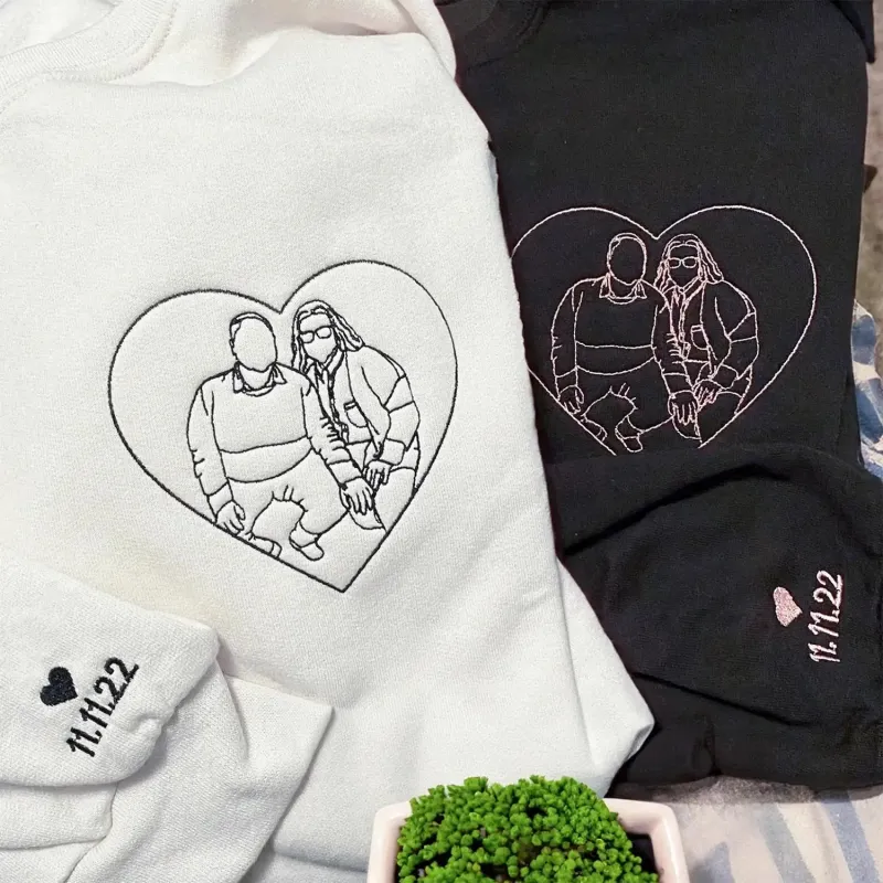 Custom Embroidered Love Portrait from Photo Couple Hoodie or Sweatshirt, Gift for Him Her made by Embroly