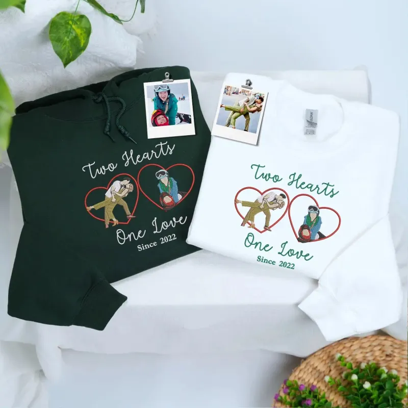 Custom Two Hearts One Love Sweatshirt or Hoodie with Embroidered Portrait from Photo, Anniversary Gift for Wife Husband made by Embroly