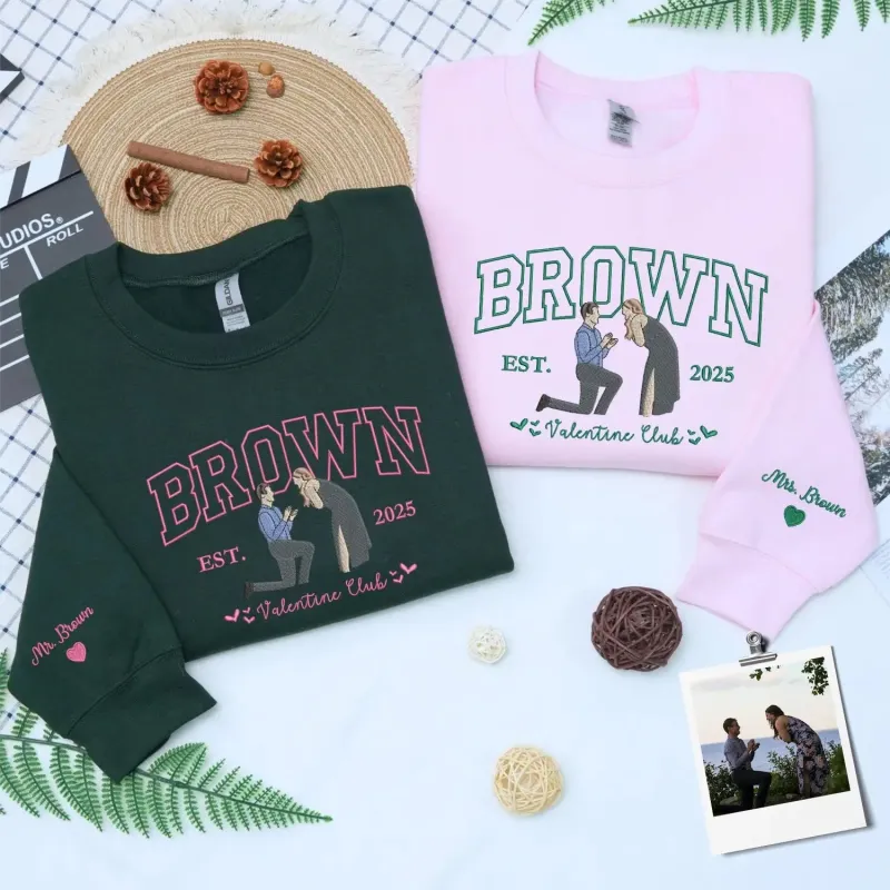 Custom Last Name Sweatshirt or Hoodie with Embroidered Portrait Photo, Valentines Day Gifts for Wife Husband made by Embroly