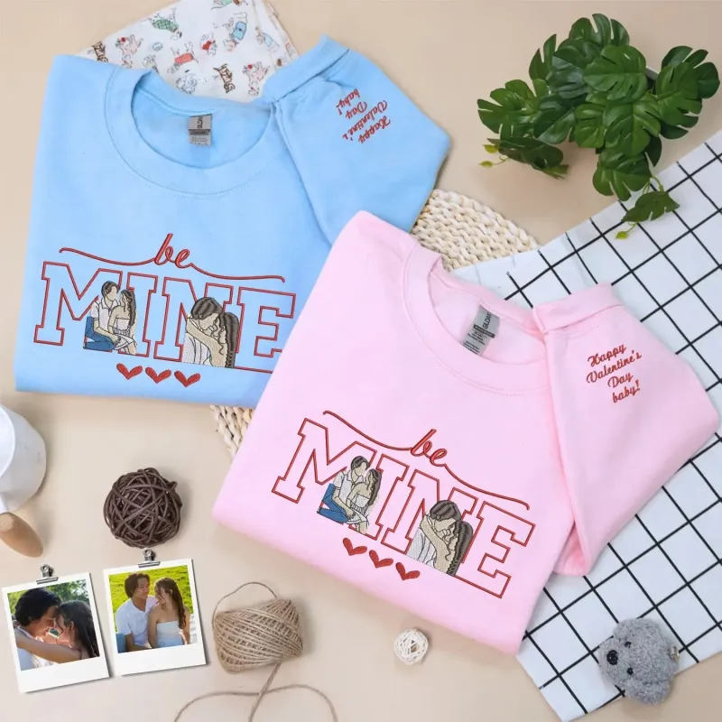 Custom Embroidered Be Mine Sweatshirt or Hoodie with Portrait from Photo, Best Valentine's Day Gifts for Her made by Embroly