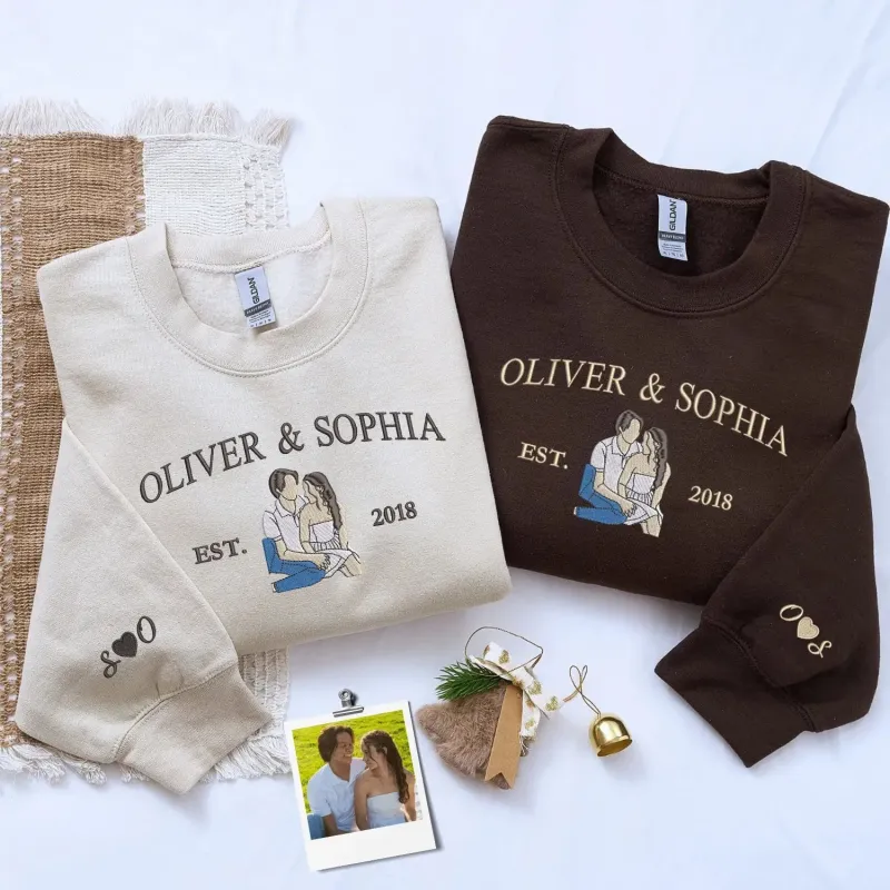 Custom Embroidered Portrait Sweatshirt or Hoodie with Names, Personalized Anniversary Gifts for Her Him made by Embroly