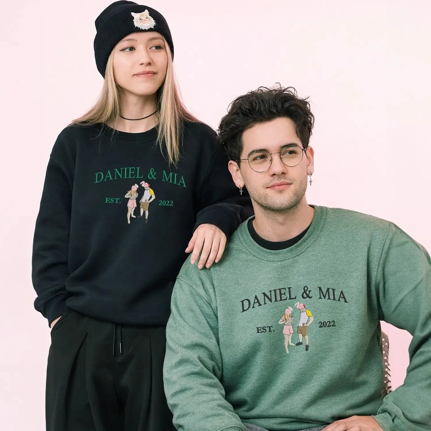 Custom Embroidered Portrait Sweatshirt or Hoodie with Names, Personalized Anniversary Gifts for Her Him sold by Embroly product image thumbnail 2