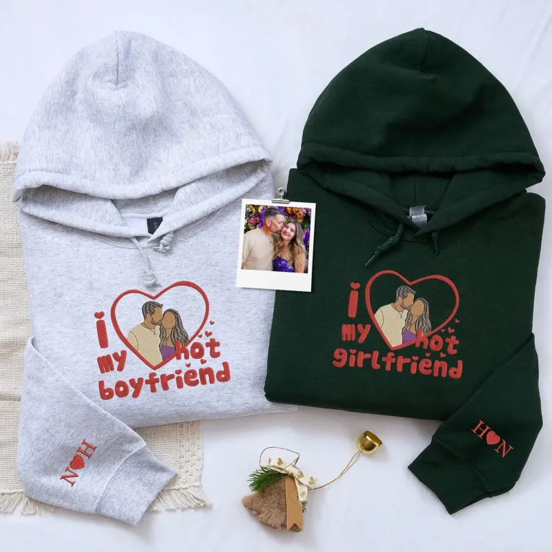 Custom Embroidered I Love My Girlfriend Boyfriend Sweatshirt or Hoodie with Portrait Photo, Gift for Boyfriend sold by Embroly