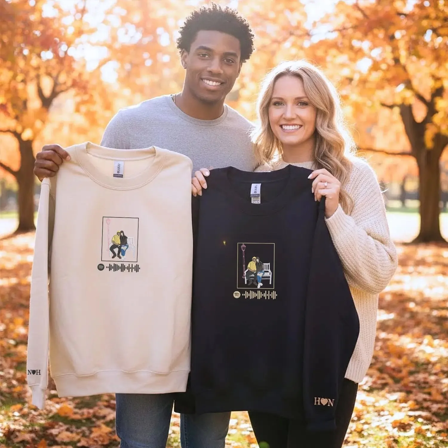 Custom Embroidered Couple Portrait Photo with Spotify Code Sweatshirt or Hoodie, Our Song Anniversary Gift sold by Embroly product image thumbnail 2