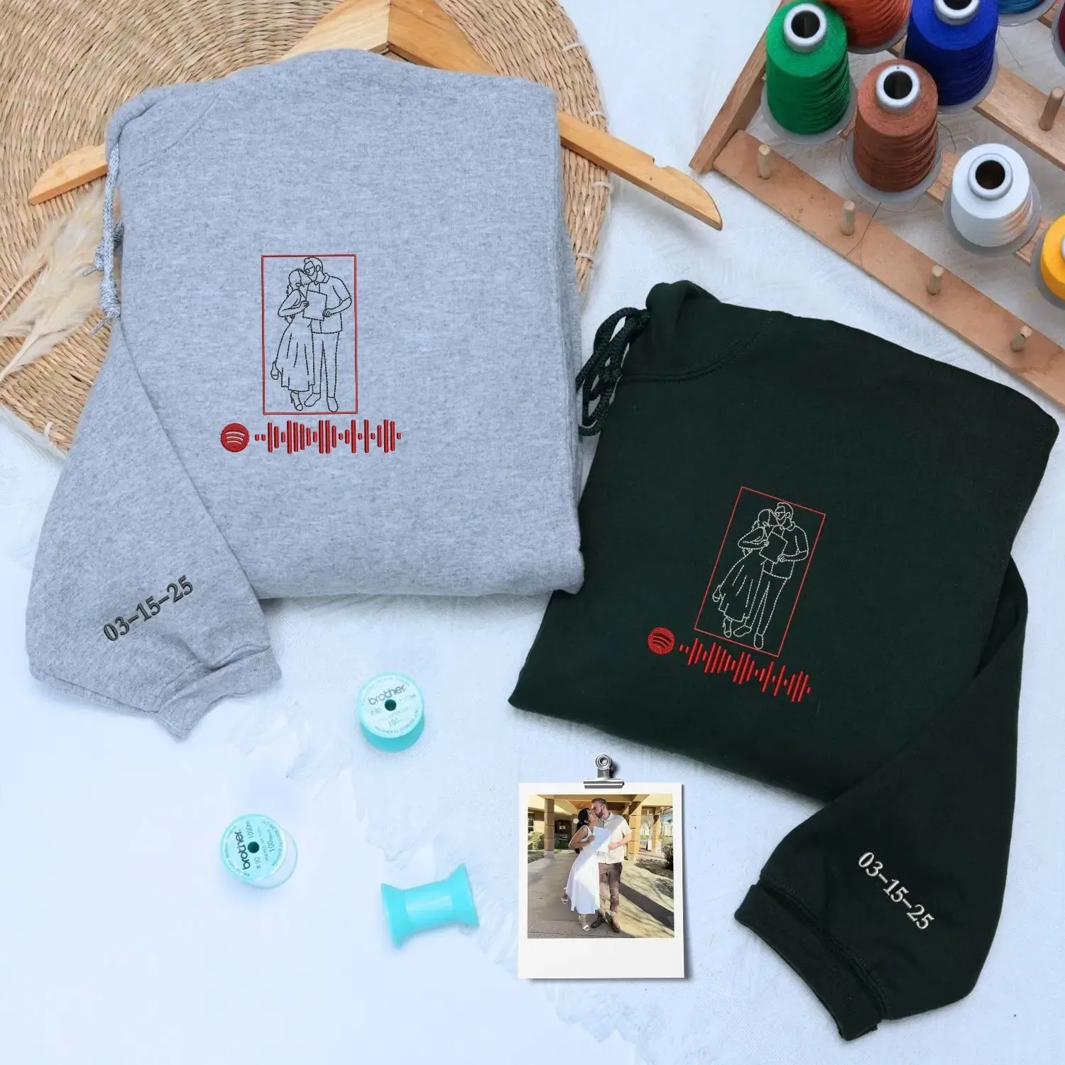 Custom Embroidered Couple Portrait Photo with Spotify Code Sweatshirt or Hoodie, Our Song Anniversary Gift sold by Embroly product image thumbnail 3