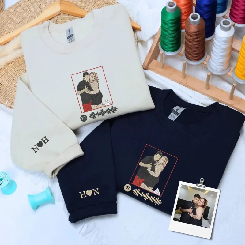 Custom Embroidered Couple Portrait Photo with Music Code Sweatshirt or Hoodie, Our Song Anniversary Gift made by Embroly