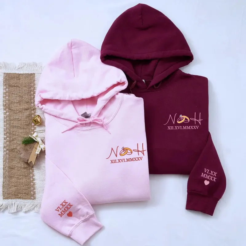Custom Embroidered Roman Numerals with Ring Initials Sweatshirt or Hoodie, Personalized Gifts for Bride and Groom made by Embroly