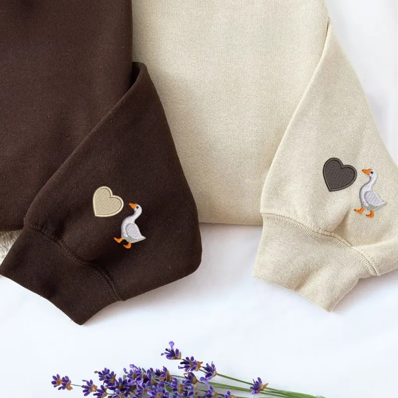 Custom Embroidered Heart Goose on Sleeve Sweatshirt or Hoodie, His and Hers Matching Outfits Gift made by Embroly
