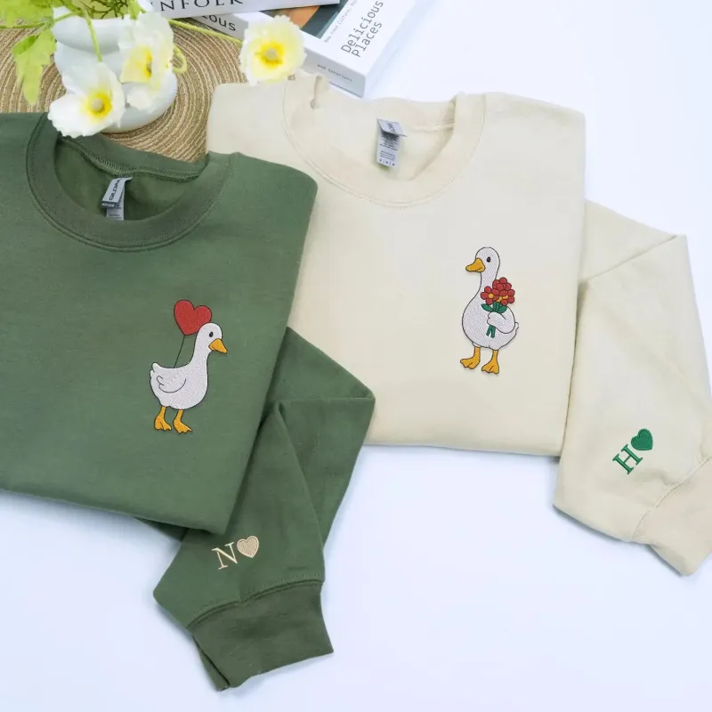Embroidered Valentine Silly Goose Sweatshirt or Hoodie with Custom Text on Sleeve, Valentine's Gifts for Couples made by Embroly