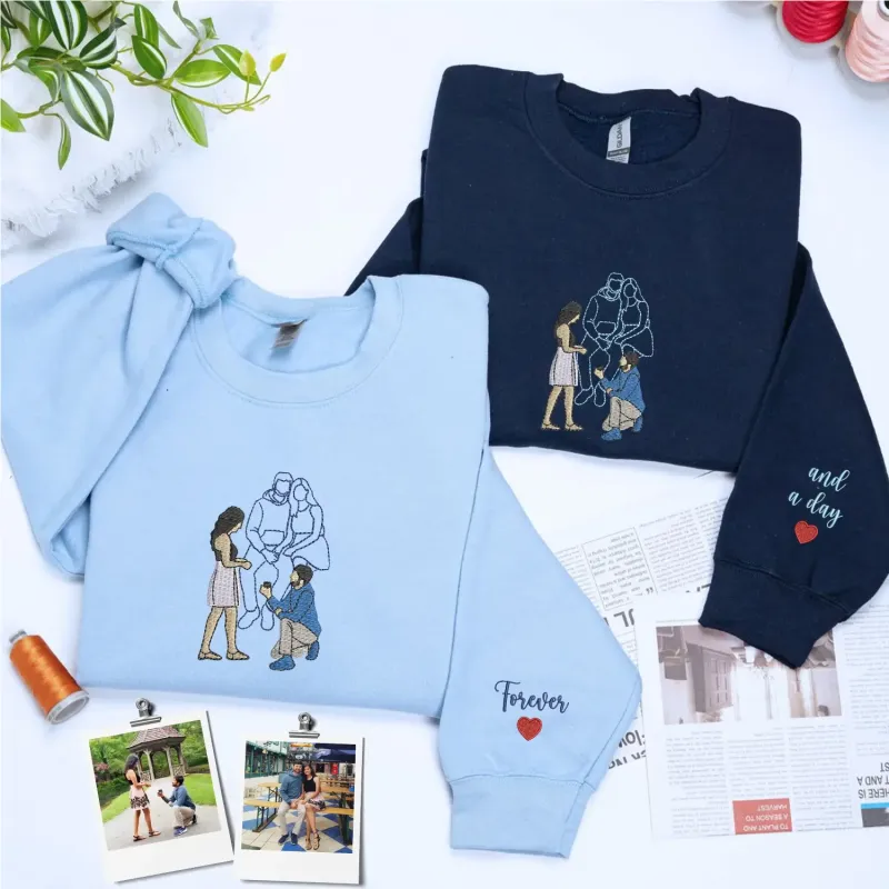 Custom Matching Anniversary Sweatshirts or Hoodies with Embroidered Portrait Photo, Wedding Gifts for Couple made by Embroly