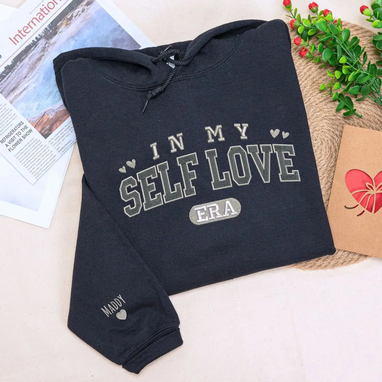 Embroidered Self Love Sweatshirt or Hoodie with Custom Text on Sleeve, Valentine's Day Gifts For Yourself sold by Embroly product image thumbnail 5