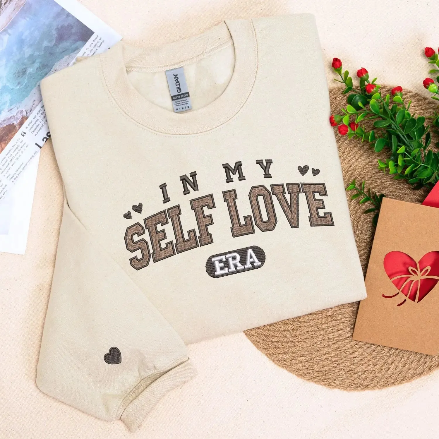 Embroidered Self Love Sweatshirt or Hoodie with Custom Text on Sleeve, Valentine's Day Gifts For Yourself sold by Embroly product image thumbnail 4