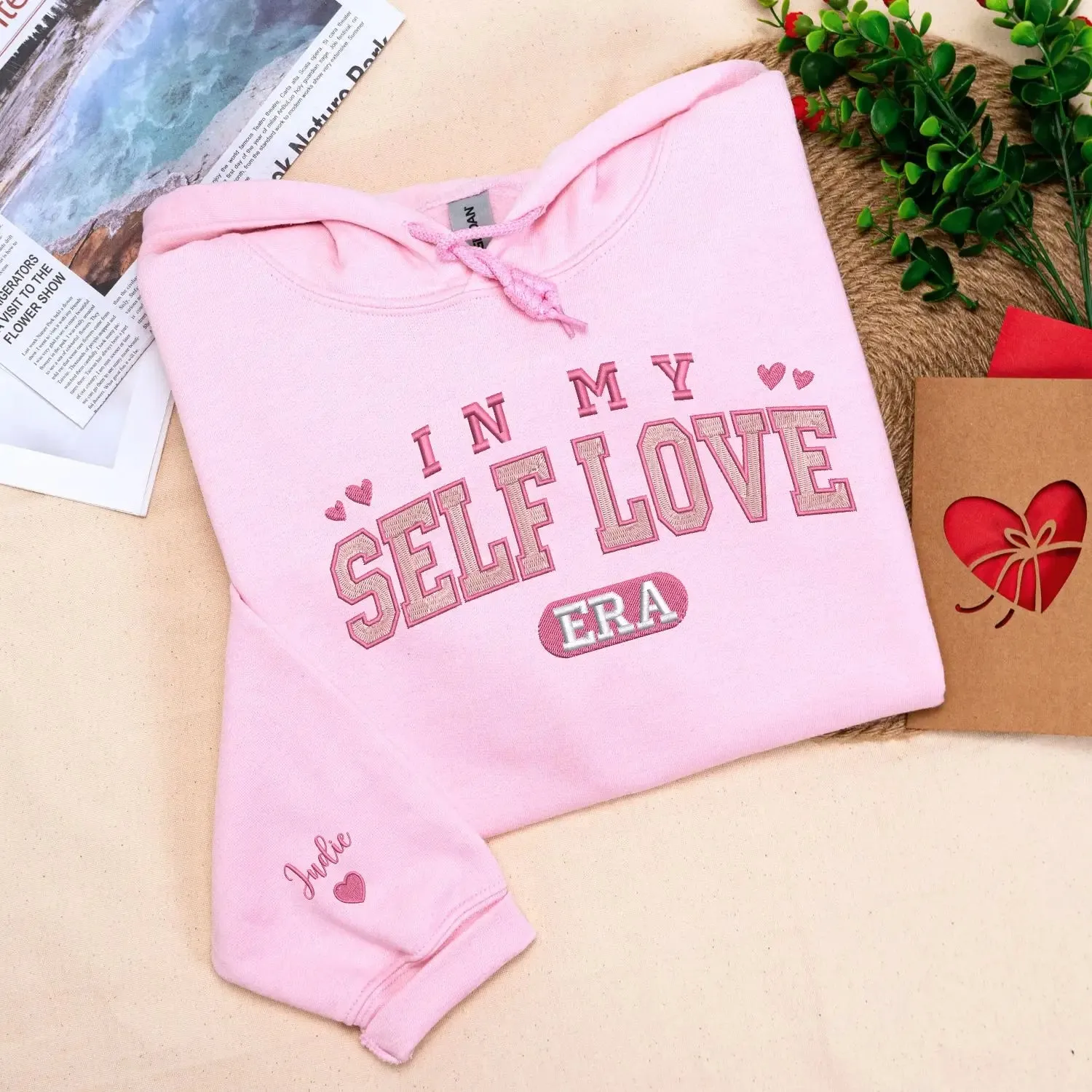 Embroidered Self Love Sweatshirt or Hoodie with Custom Text on Sleeve, Valentine's Day Gifts For Yourself sold by Embroly