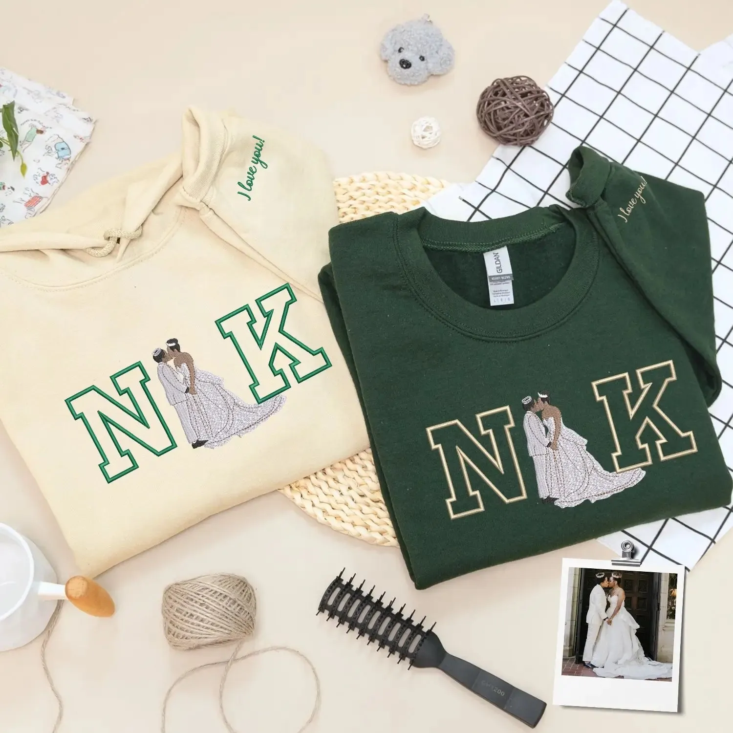 Custom Embroidered Couple Portrait with Initials Sweatshirt or Hoodie, Personalized Anniversary Gifts for Him Her sold by Embroly product image thumbnail 4