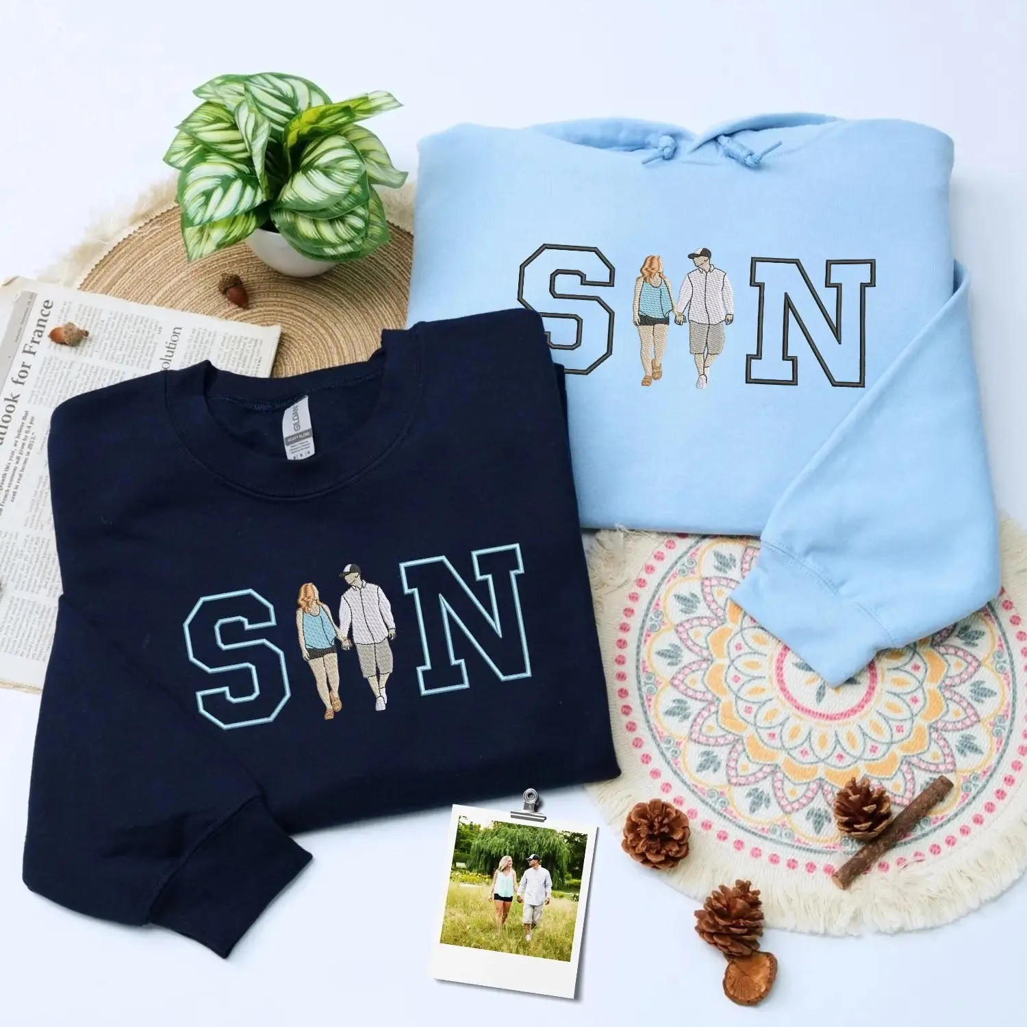 Custom Embroidered Couple Portrait with Initials Sweatshirt or Hoodie, Personalized Anniversary Gifts for Him Her sold by Embroly