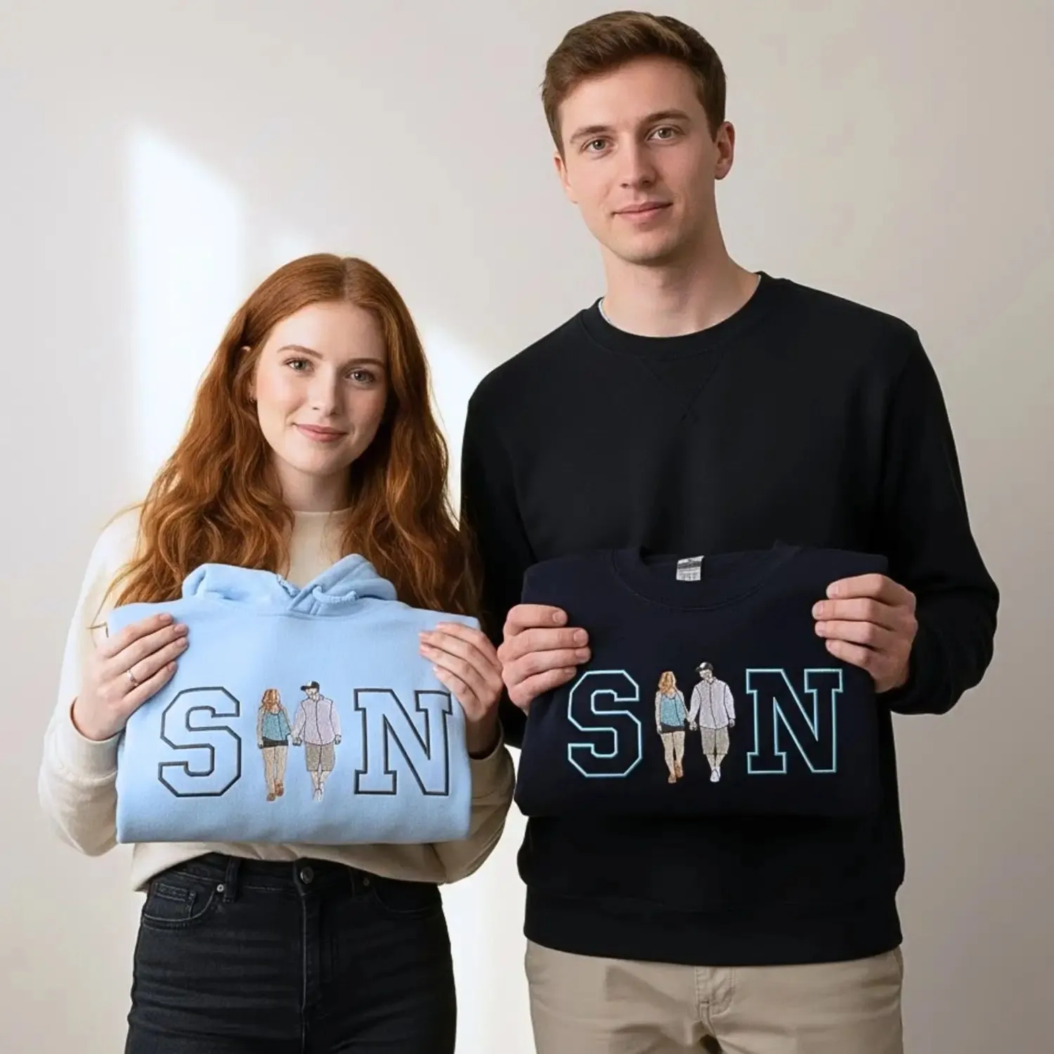 Custom Embroidered Couple Portrait with Initials Sweatshirt or Hoodie, Personalized Anniversary Gifts for Him Her sold by Embroly product image thumbnail 2