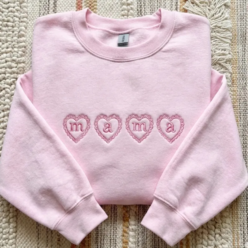 Embroidered Mama Heart Crewneck for Mom Valentine’s Day, Mother’s Day Gifts made by Embroly