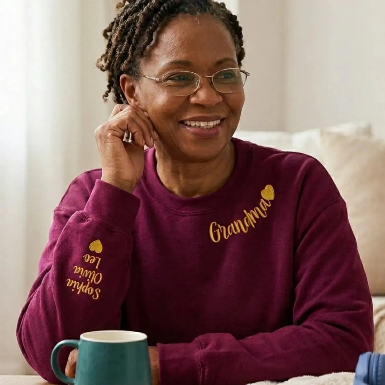 Personalized Gift for Sister Becoming Grandma from Sibling, Brother or Sister - Grammy Nana Gigi Neckline Embroidered Sweatshirt sold by Embroly product image thumbnail 2