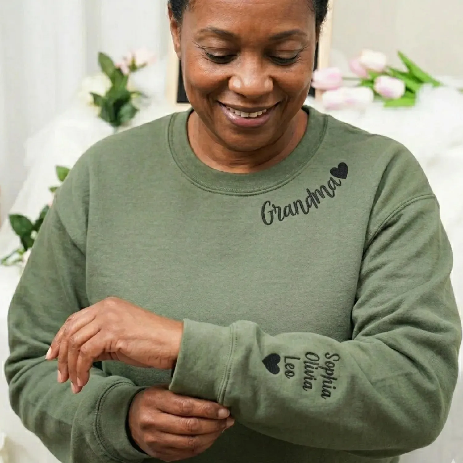 Personalized Gift for Sister Becoming Grandma from Sibling, Brother or Sister - Grammy Nana Gigi Neckline Embroidered Sweatshirt sold by Embroly