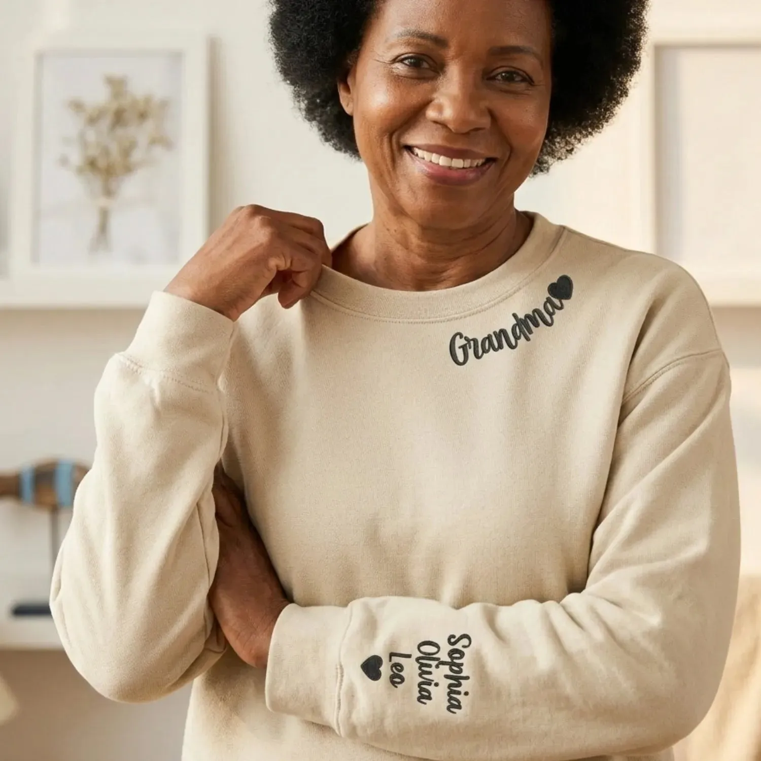 Personalized Gift for Sister Becoming Grandma from Sibling, Brother or Sister - Grammy Nana Gigi Neckline Embroidered Sweatshirt sold by Embroly product image thumbnail 3