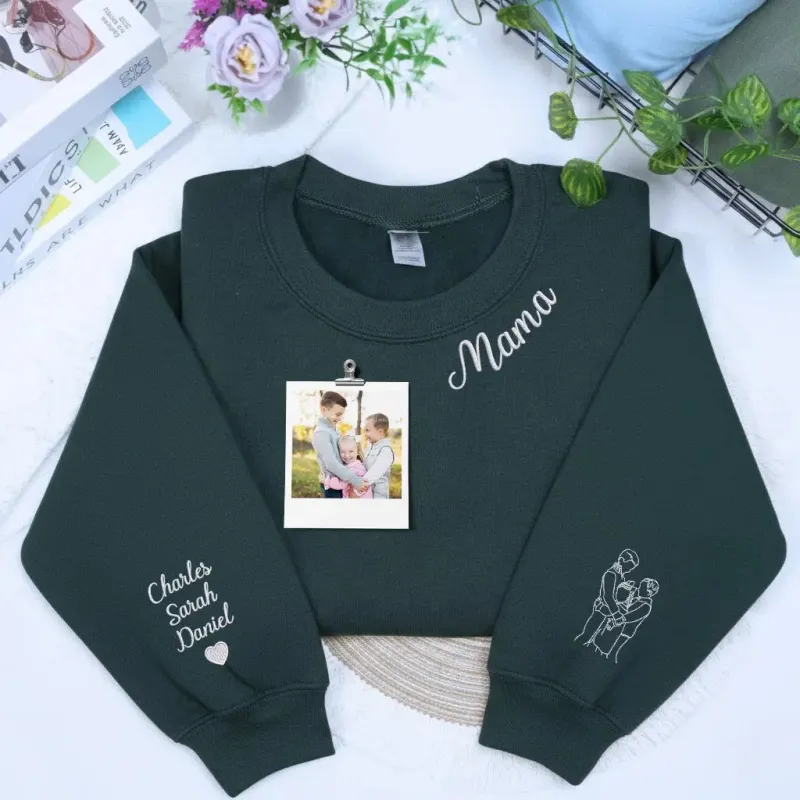 Custom Embroidered Mama Sweatshirt or Hoodie with Portrait Photo on Sleeve, Gifts For Mom from Son Daughter made by Embroly