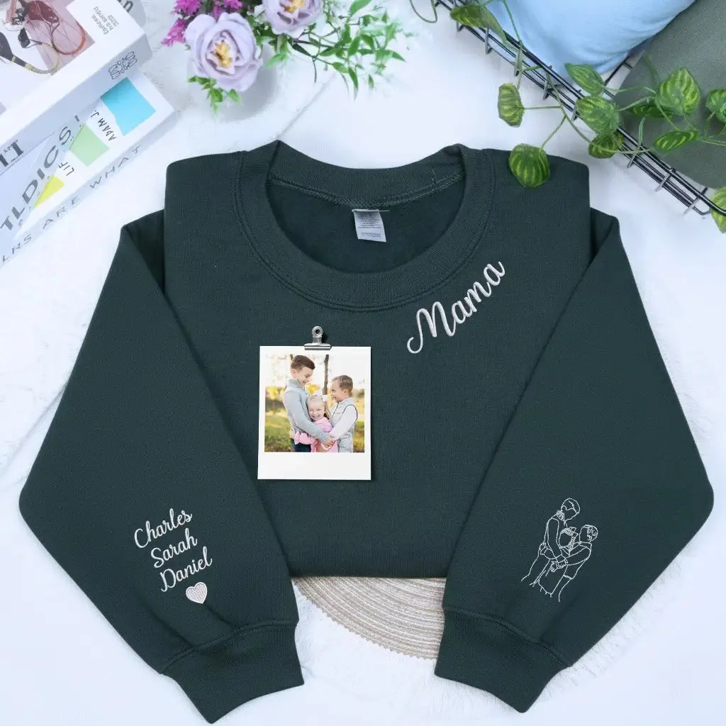 Custom Embroidered Mama Sweatshirt or Hoodie with Portrait Photo on Sleeve, Gifts For Mom from Son Daughter sold by Embroly