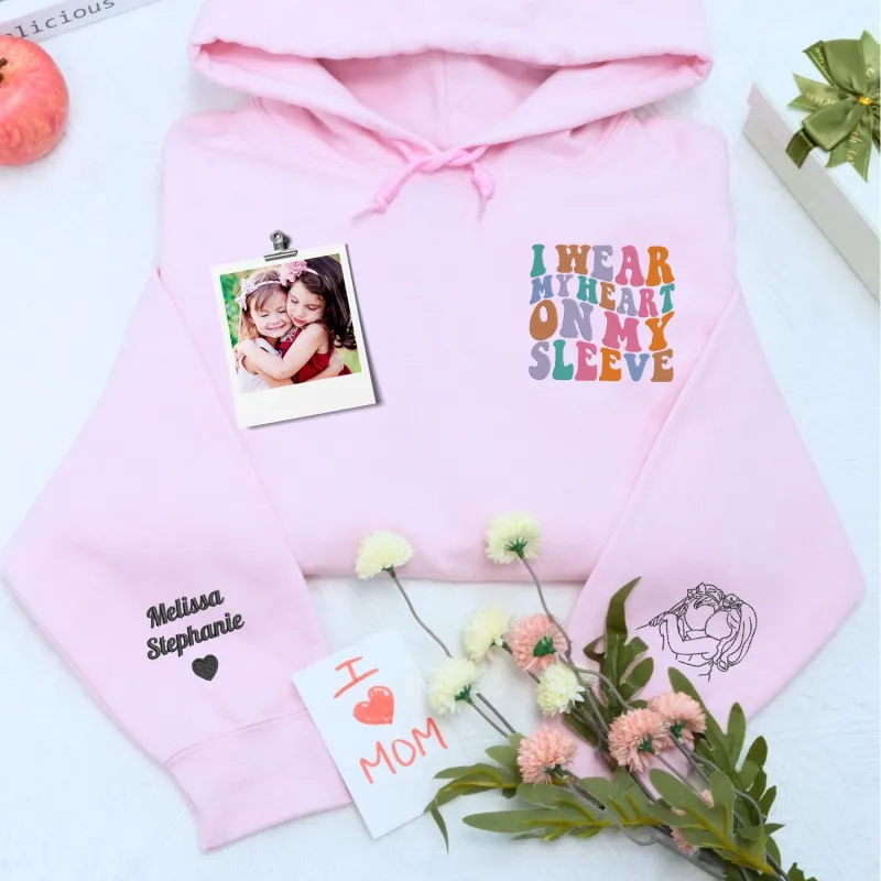 Custom Embroidered I Wear My Heart On My Sleeve Sweatshirt or Hoodie with Photo Portrait, Gift for New Mom made by Embroly
