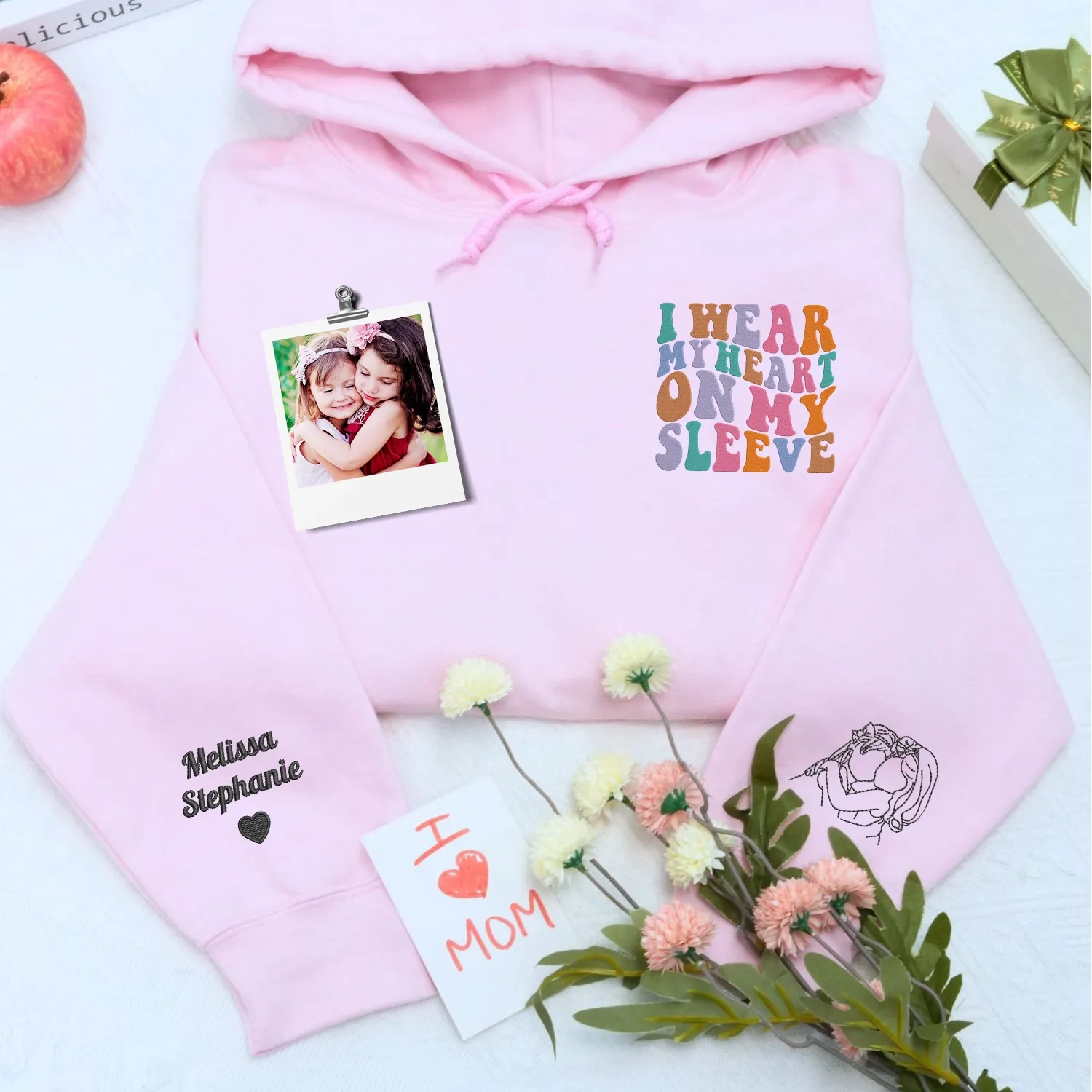 Custom Embroidered I Wear My Heart On My Sleeve Sweatshirt or Hoodie with Photo Portrait, Gift for New Mom sold by Embroly