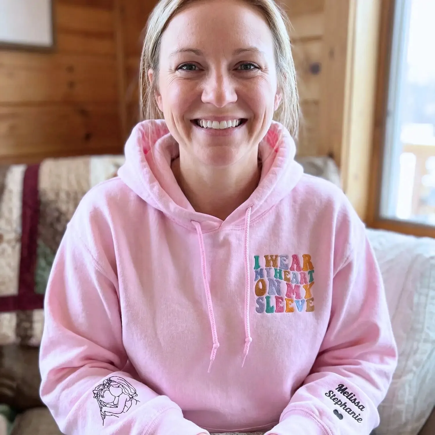 Custom Embroidered I Wear My Heart On My Sleeve Sweatshirt or Hoodie with Photo Portrait, Gift for New Mom sold by Embroly product image thumbnail 2