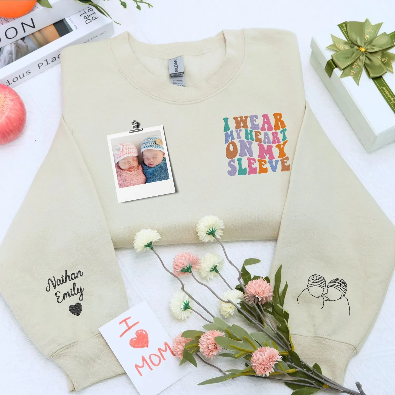 Custom Embroidered I Wear My Heart On My Sleeve Sweatshirt or Hoodie with Photo Portrait, Gift for New Mom sold by Embroly product image thumbnail 4