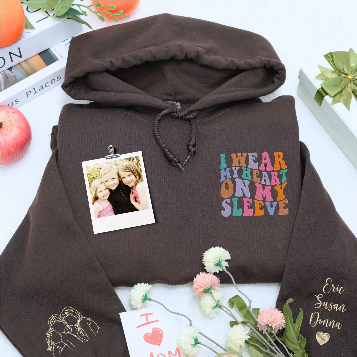 Custom Embroidered I Wear My Heart On My Sleeve Sweatshirt or Hoodie with Photo Portrait, Gift for New Mom sold by Embroly product image thumbnail 5