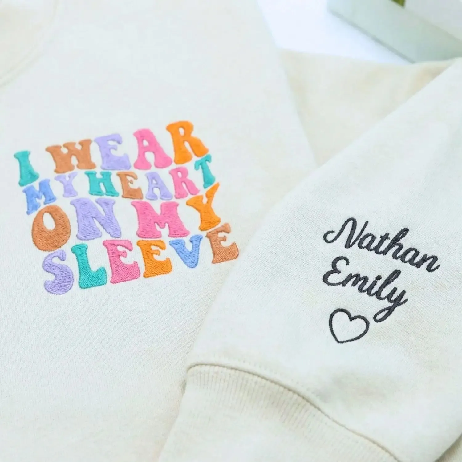Custom Embroidered I Wear My Heart On My Sleeve Sweatshirt or Hoodie with Photo Portrait, Gift for New Mom sold by Embroly product image thumbnail 3