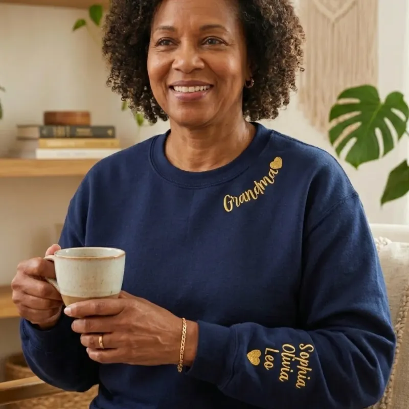 Personalized Grandma Embroidered Sweatshirt  - Custom Neckline & Sleeve Names Mother’s Day Gift made by Embroly