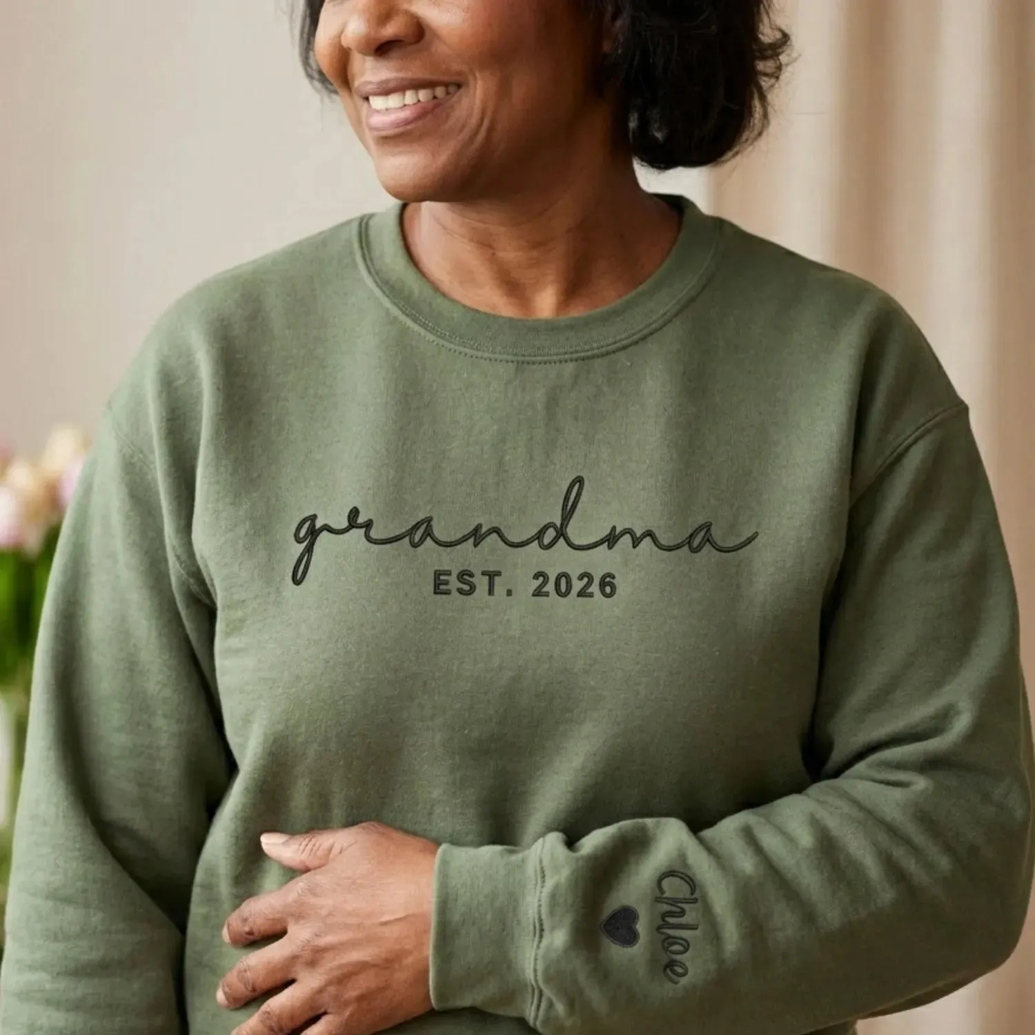 First Time Grandma Sweatshirt - Personalized Mother’s Day Gift with Embroidered Sweater Name on Sleeve sold by Embroly product image thumbnail 4