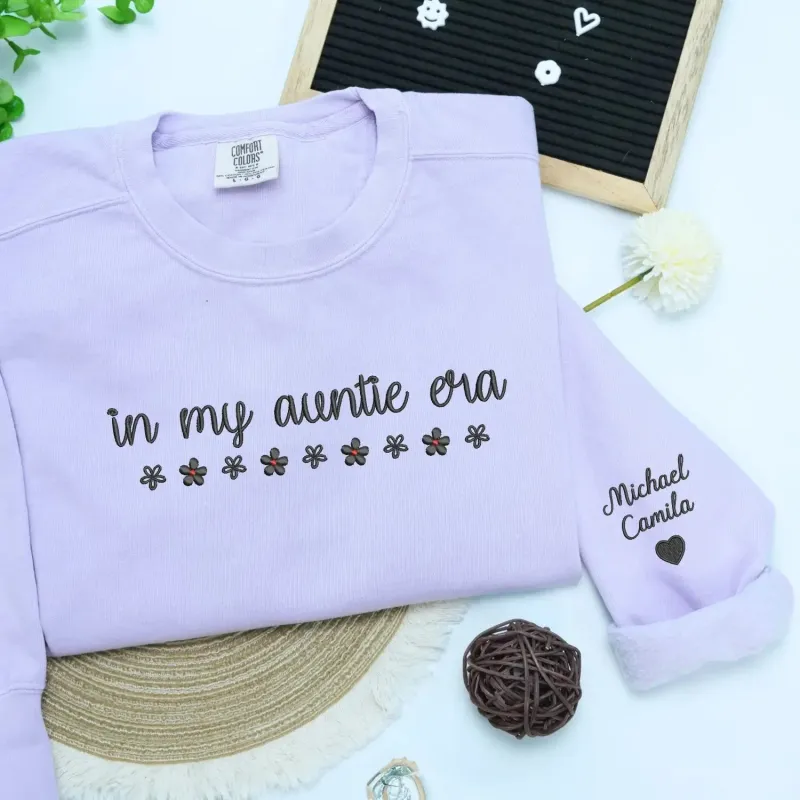 Custom Embroidered In My Aunt Era T-Shirt or Sweatshirt with Name on Sleeve, Auntie Gifts from Niece made by Embroly