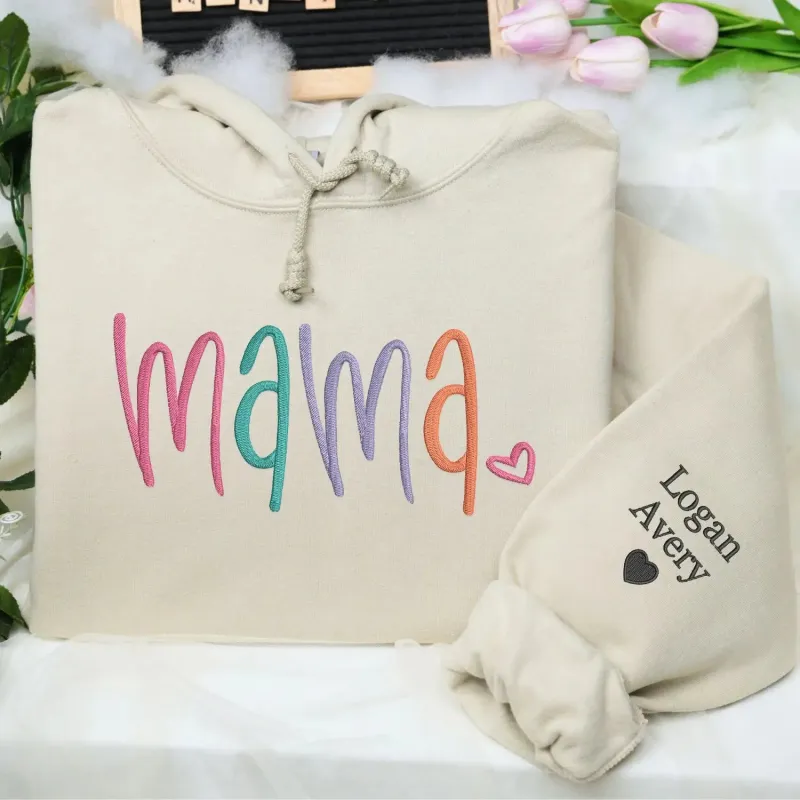 Custom Embroidered Mama Sweatshirt with Names on Sleeve, Mother's Day Gifts for Friends made by Embroly
