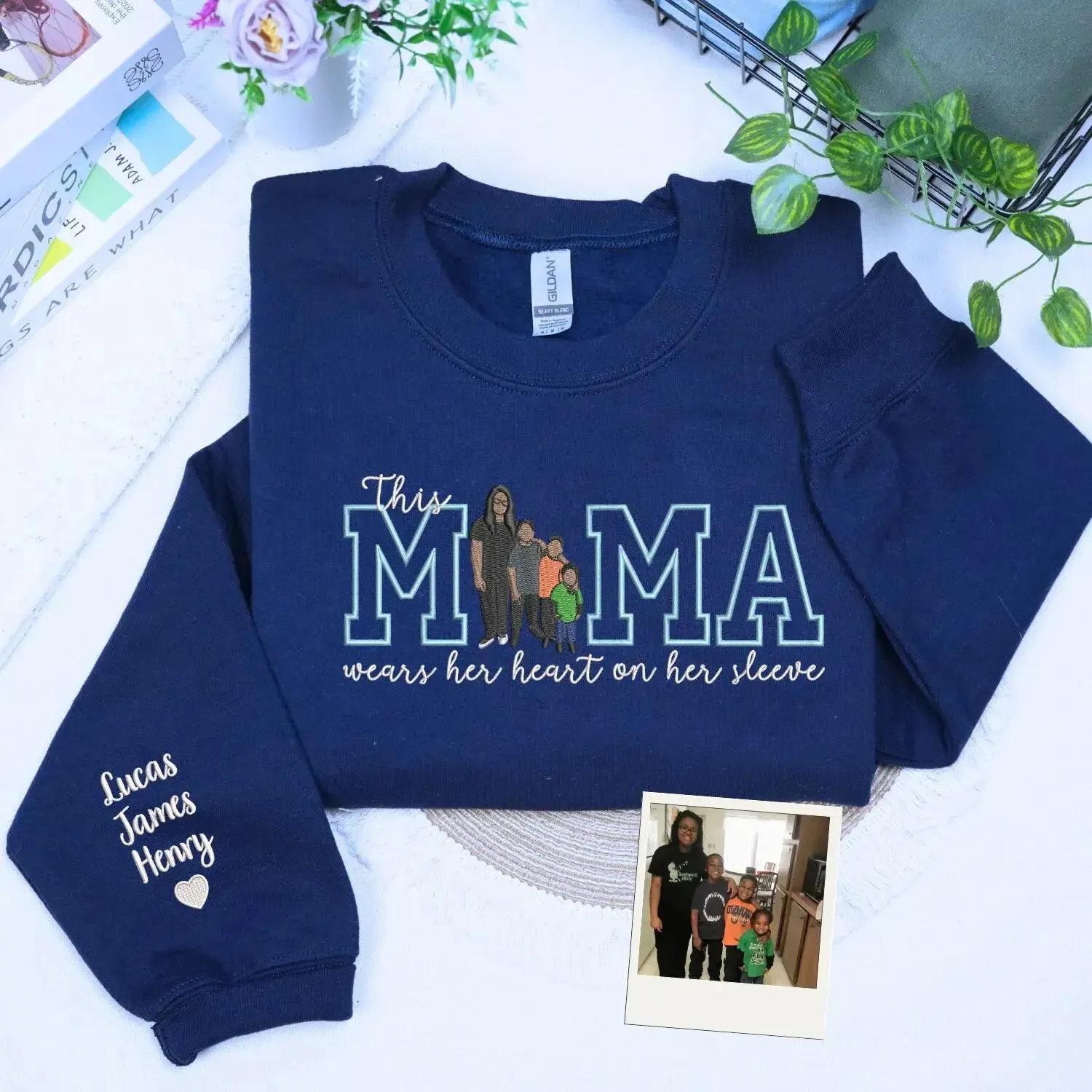Custom Gift for Mom with Embroidered Mama Wears Her Heart on Her Sleeve, Photo Portrait Sweatshirt or Hoodie sold by Embroly product image thumbnail 5