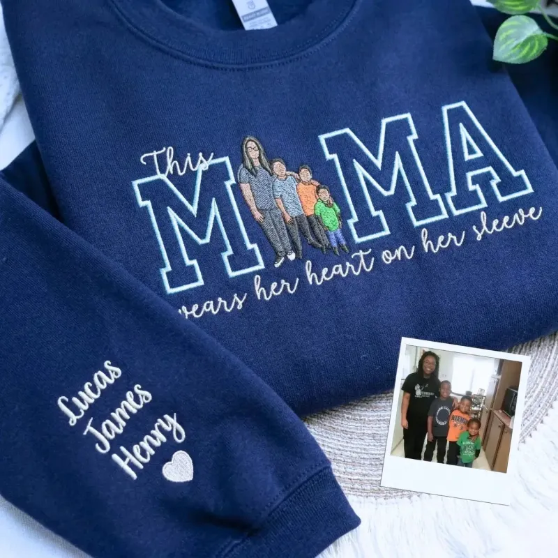 Custom Gift for Mom with Embroidered Mama Wears Her Heart on Her Sleeve, Photo Portrait Sweatshirt or Hoodie made by Embroly